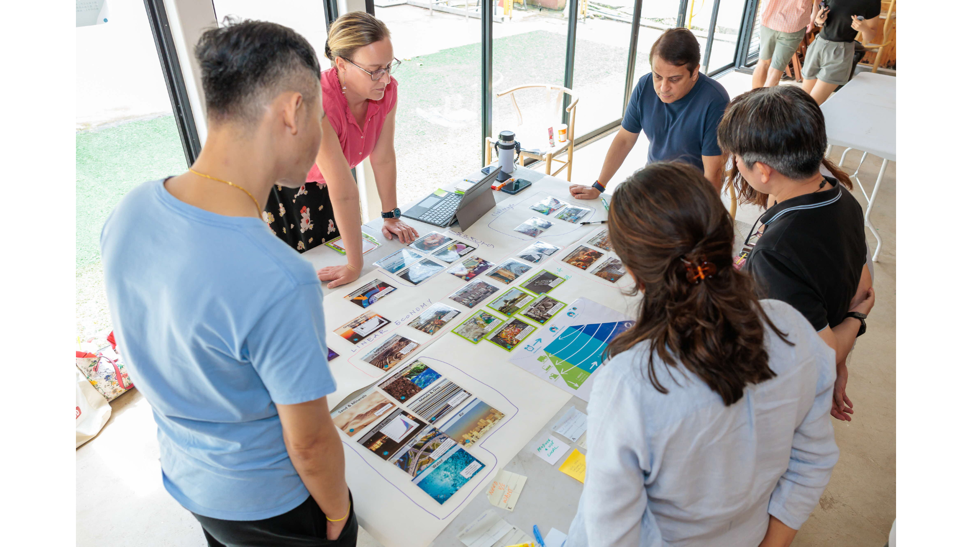 Participants reading cards placed on the table